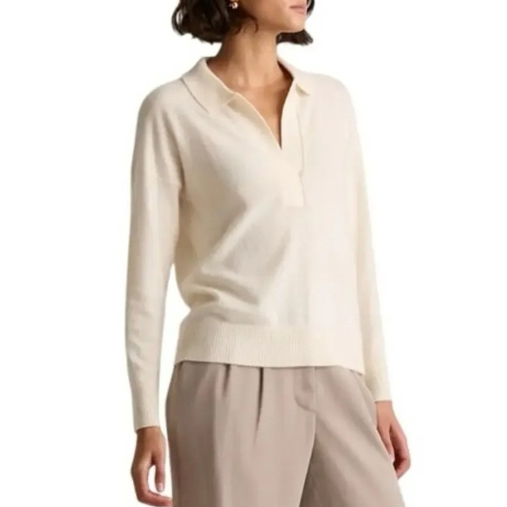 Quince Mongolian Cashmere Polo Sweater Women Medium Ivory 100% Cashmere V-Neck